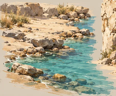 Pintura do rio turquesa entre as pedras do deserto