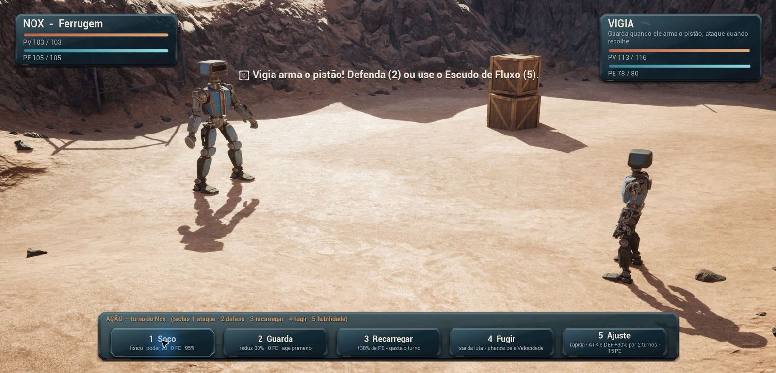 Nox enfrentando o Vigia no deserto, com o menu de ações por turno