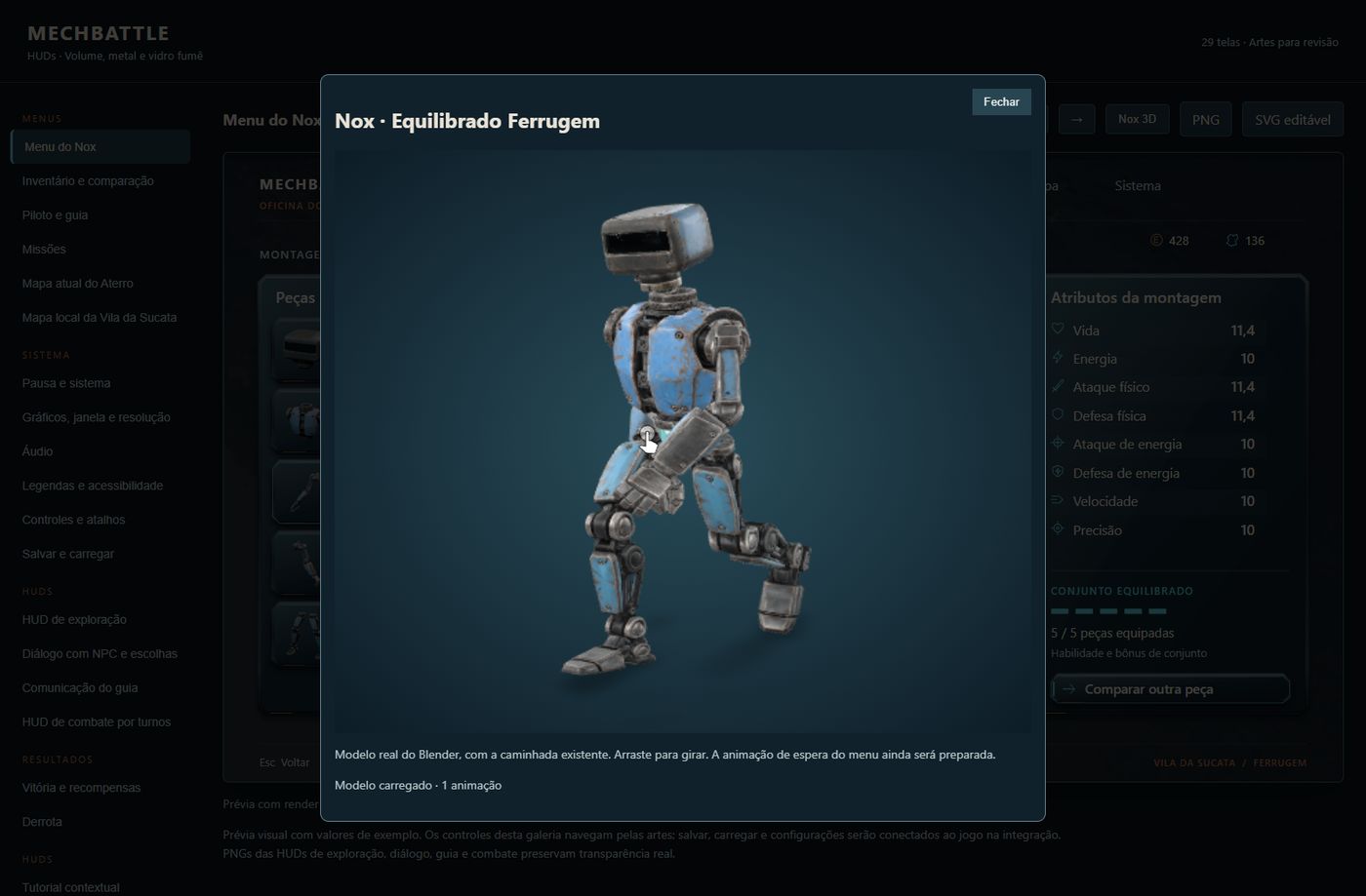 Menu de montagem do Nox com o modelo 3D